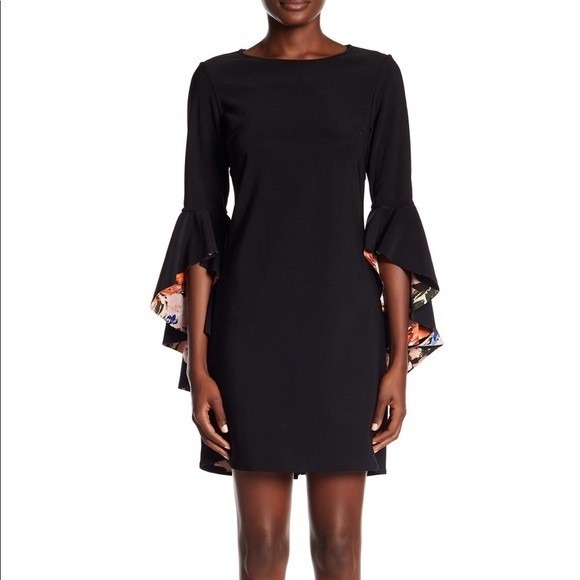 NWT Nicole Miller Bell Sleeve Reversible Floral Print Dress Black Dress Size 4 - Picture 1 of 16